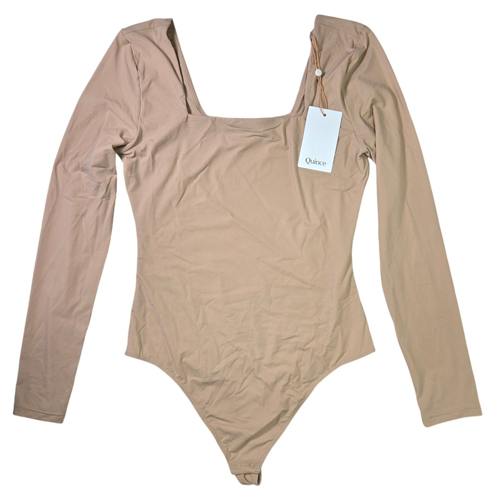 Quince Second Skin Square Neck Long Sleeve Bodysuit Tan Medium CMSL001 NWT‎